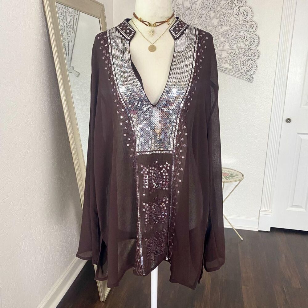 ninety Brown Silver Boho Whimsygoth Sheer Mesh Sequin Flowy Tunic Blouse 3X